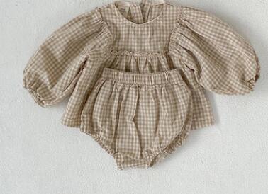 Checkered Plaid Puff Sleeve Blouse and Bloomer 2 pc set