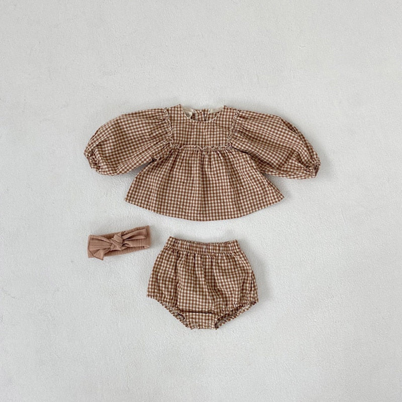 Checkered Plaid Puff Sleeve Blouse and Bloomer 2 pc set