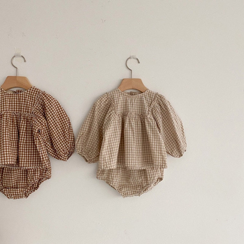 Checkered Plaid  Puff Sleeve Blouse and Bloomer 2 pc set