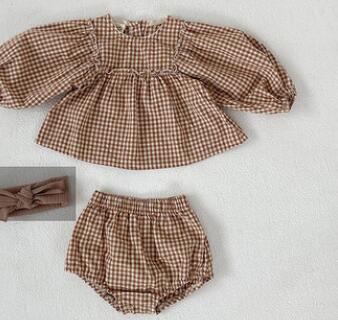 Checkered Plaid  Puff Sleeve Blouse and Bloomer 2 pc set