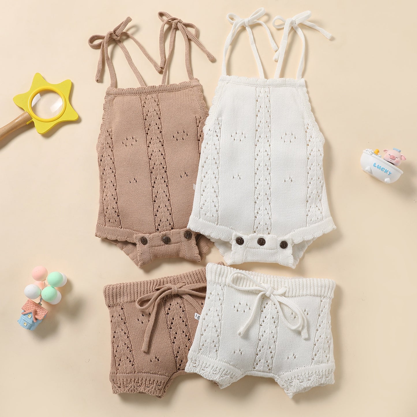 Knit Lace-up Knitted Backless Romper Shorts 2pc Set