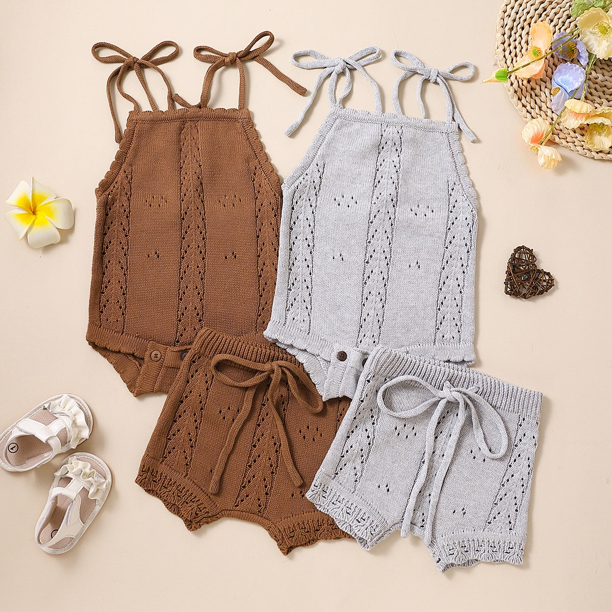 Knit Lace-up Knitted Backless Romper Shorts 2pc Set