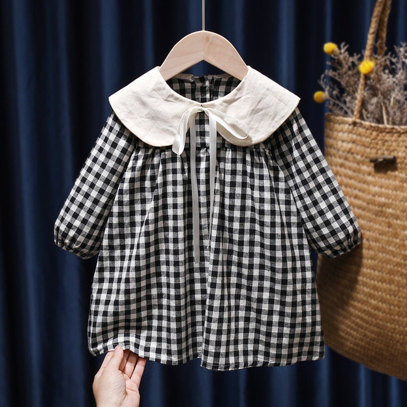 Plaid Cotton Linen Lapel Collar Dress Long Sleeve Skirt