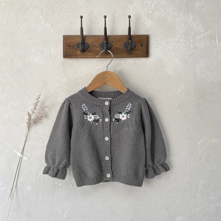 Knit Embroidered Cardigan with Puff Sleeves