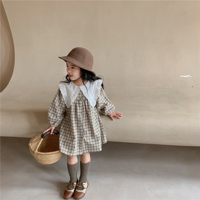 Plaid Cotton Linen Lapel Collar Dress Long Sleeve Skirt