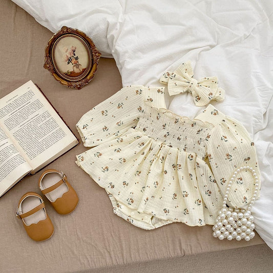 Floral Linen Puff Long Sleeve Romper and Bow