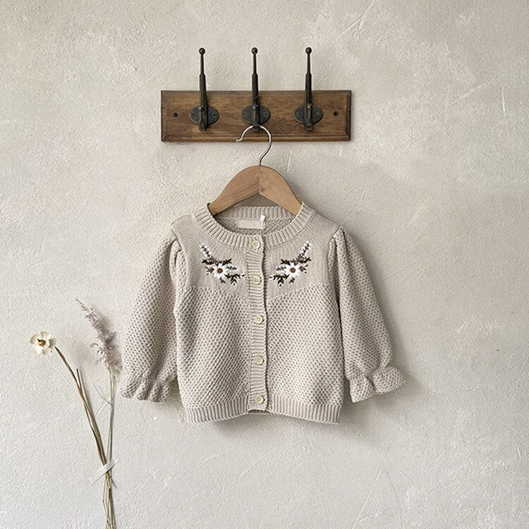 Knit Embroidered Cardigan with Puff Sleeves