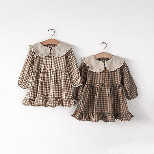 Plaid Cotton Linen Lapel Collar Dress Long Sleeve Skirt