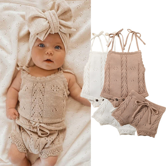 Knit Lace-up Knitted Backless Romper Shorts 2pc Set