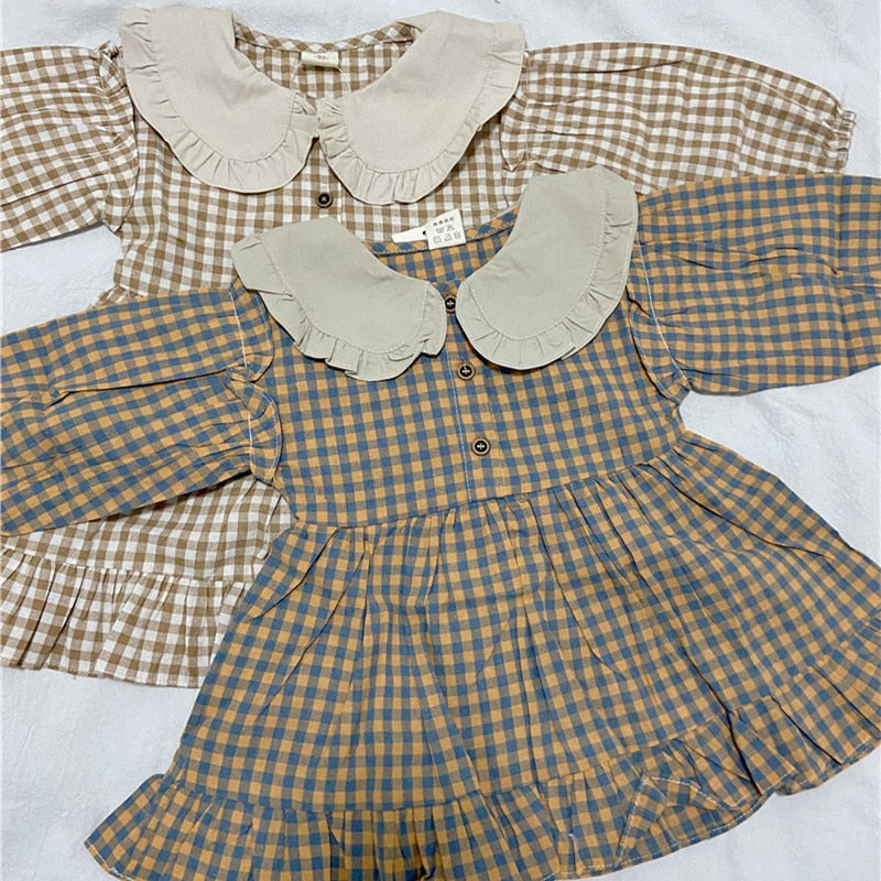 Plaid Cotton Linen Lapel Collar Dress Long Sleeve Skirt